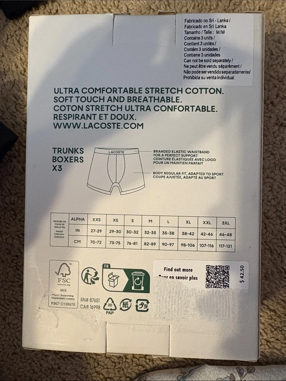 Lacoste Men's Cotton Stretch Trunk Pack in White and Black
